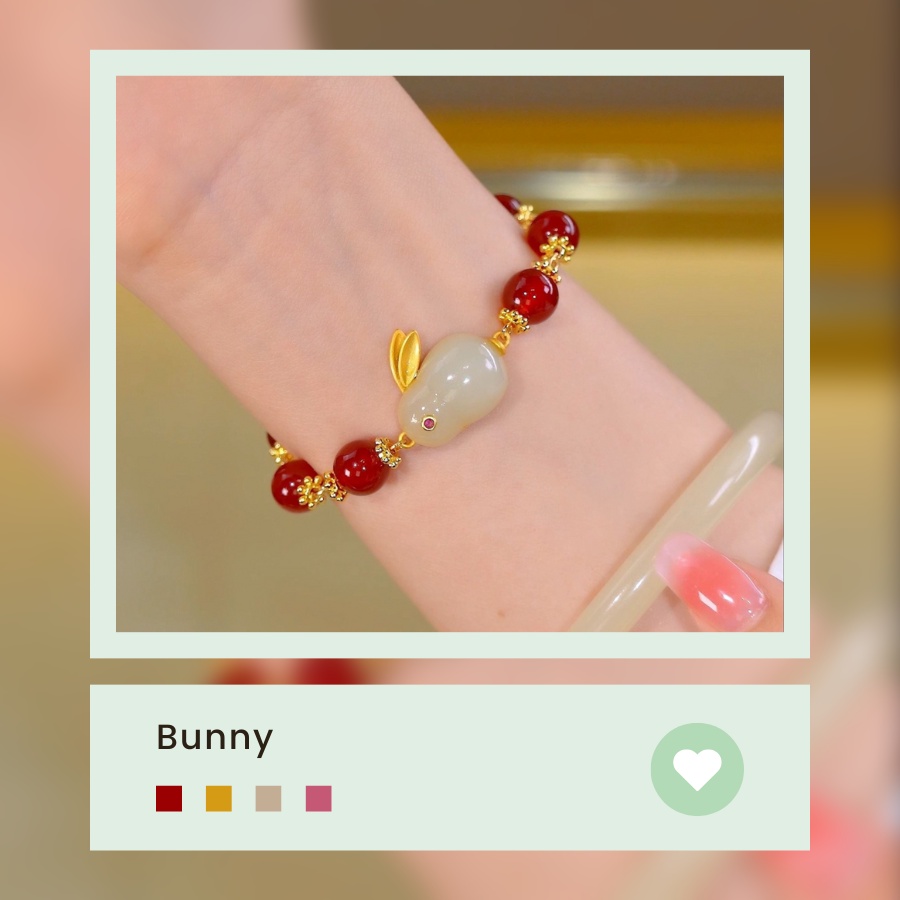 Vòng tay lắc tay chất liệu đ.á mã não đỏ kết hợp charm ngọc bích thỏ xinh xắn phụ kiện quà tặng cho nữ (Bunny)