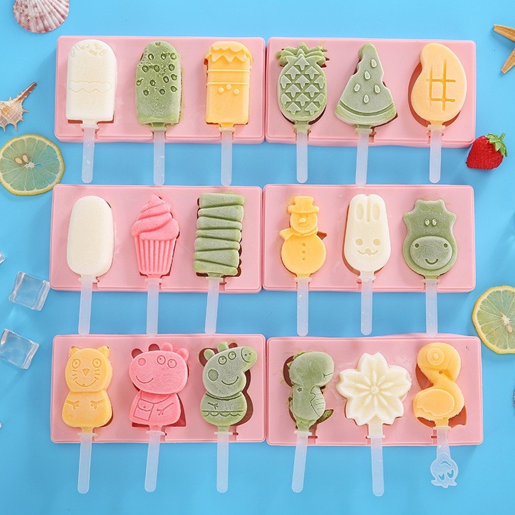 Khuôn làm kem bằng silicone có nắp đậy, nhiều hình dễ thương + Tặng kèm que kem