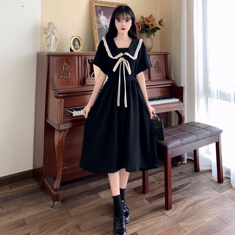Váy babydoll đầm babydoll Đầm Dài Cổ Búp Bê Cột Dây Màu Đen Phong Cách Preppy Thời Trang Mùa Hè 2022