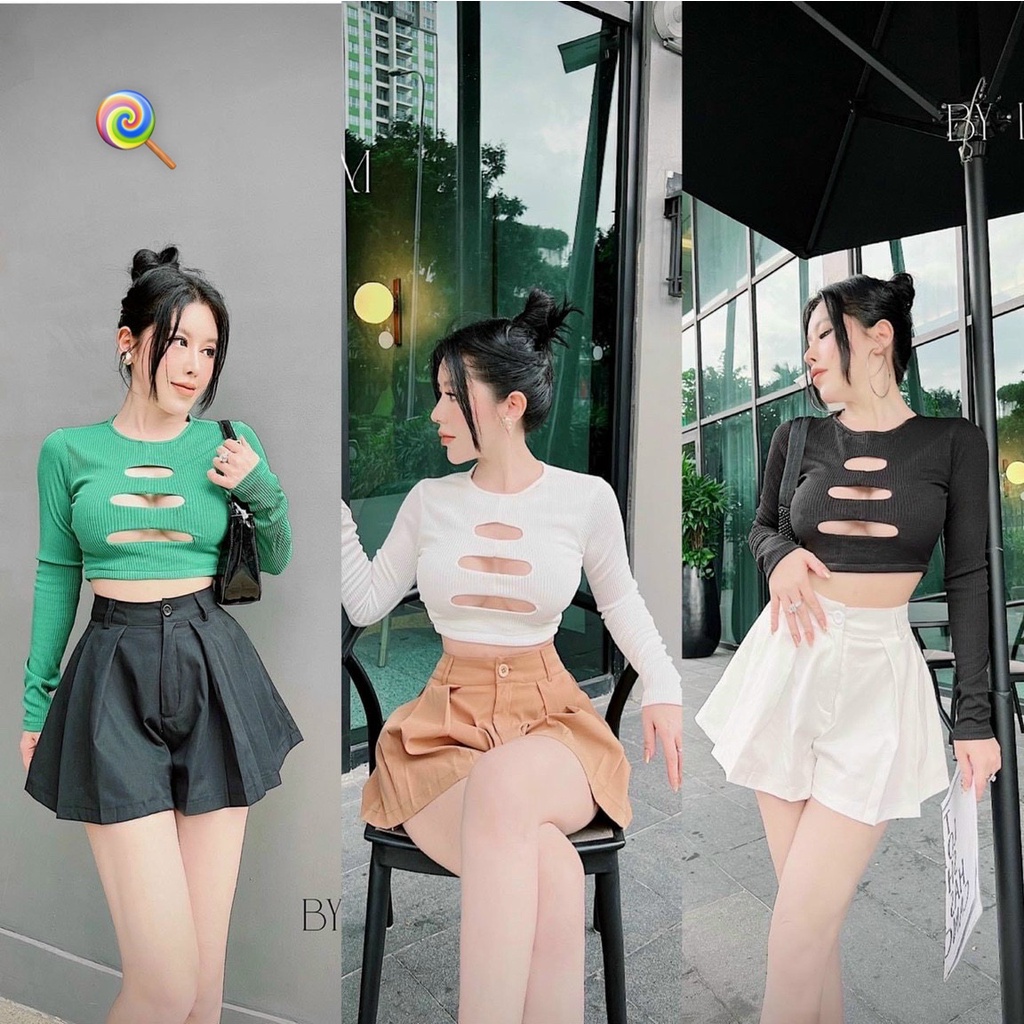 Áo kiểu croptop tay dài cắt 3 đường trước ngực cực sexy , chất thun gân 2 lớp mềm mịn