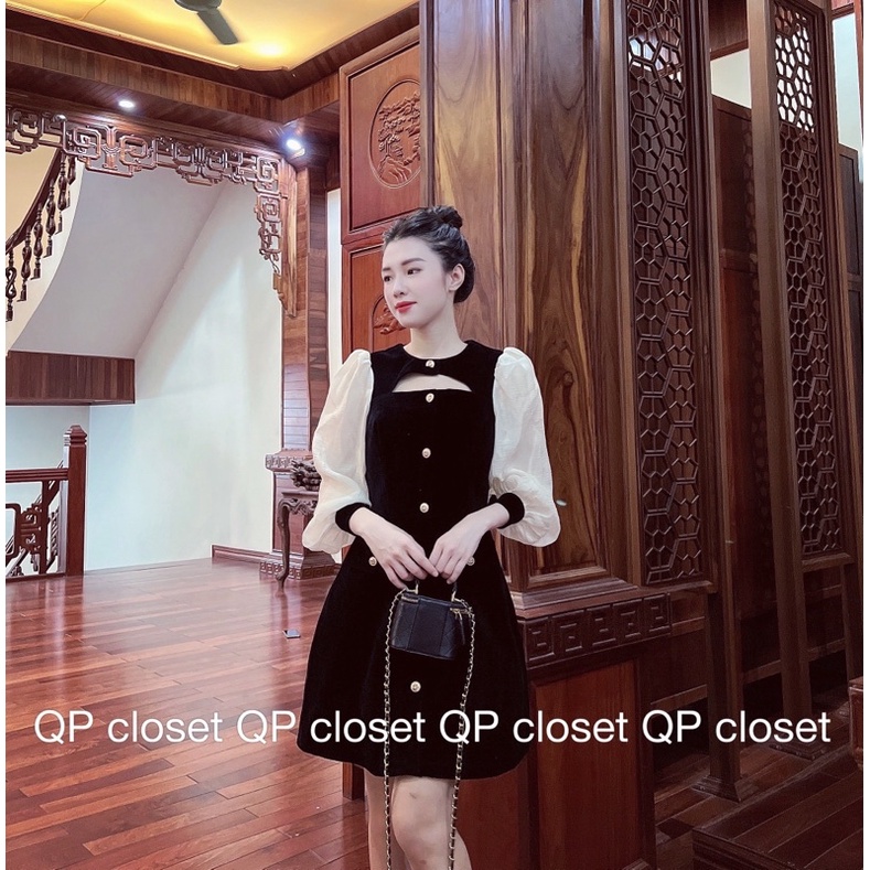 Váy nhung xòe cổ bèo phối tay xinh xắn