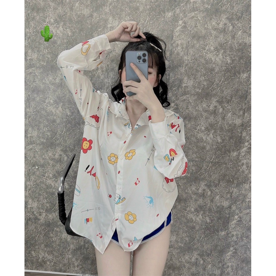 Sét Đồ Áo Sơ Mi Cổ Bẻ Tay Dài In Hình Cute Kết Hợp Quần Short Thun Ngắn Dễ Thương TTPK0522