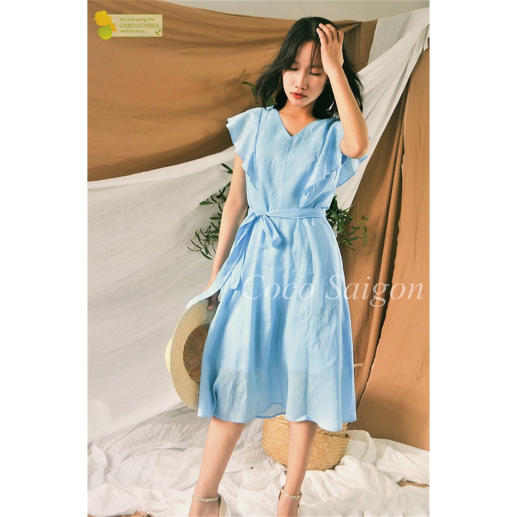 Đầm xoè linen tưng Hàn Quốc Charlotte tay bèo - Blue