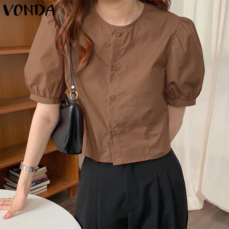 Áo sơ mi kiểu VONDA tay ngắn phồng cổ tròn màu trơn cài nút thời trang Hàn Quốc cho nữ