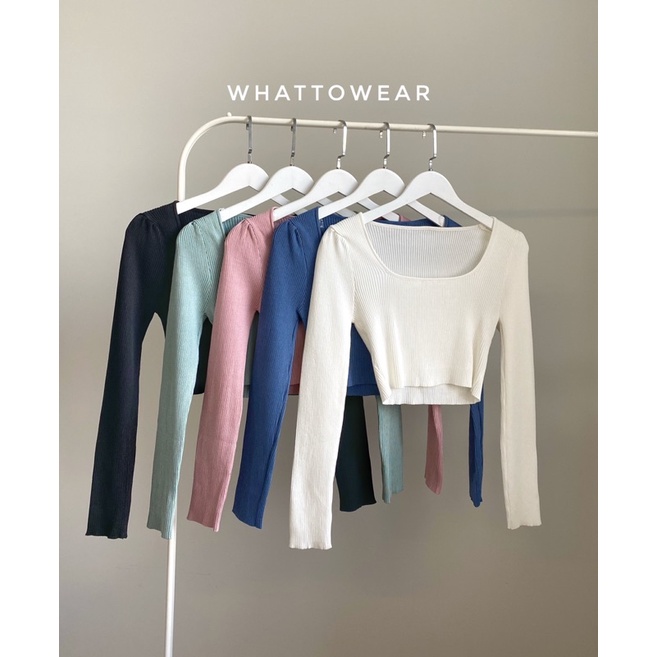 Áo knit croptop tay dài cổ vuông vải dày dặn 5 màu