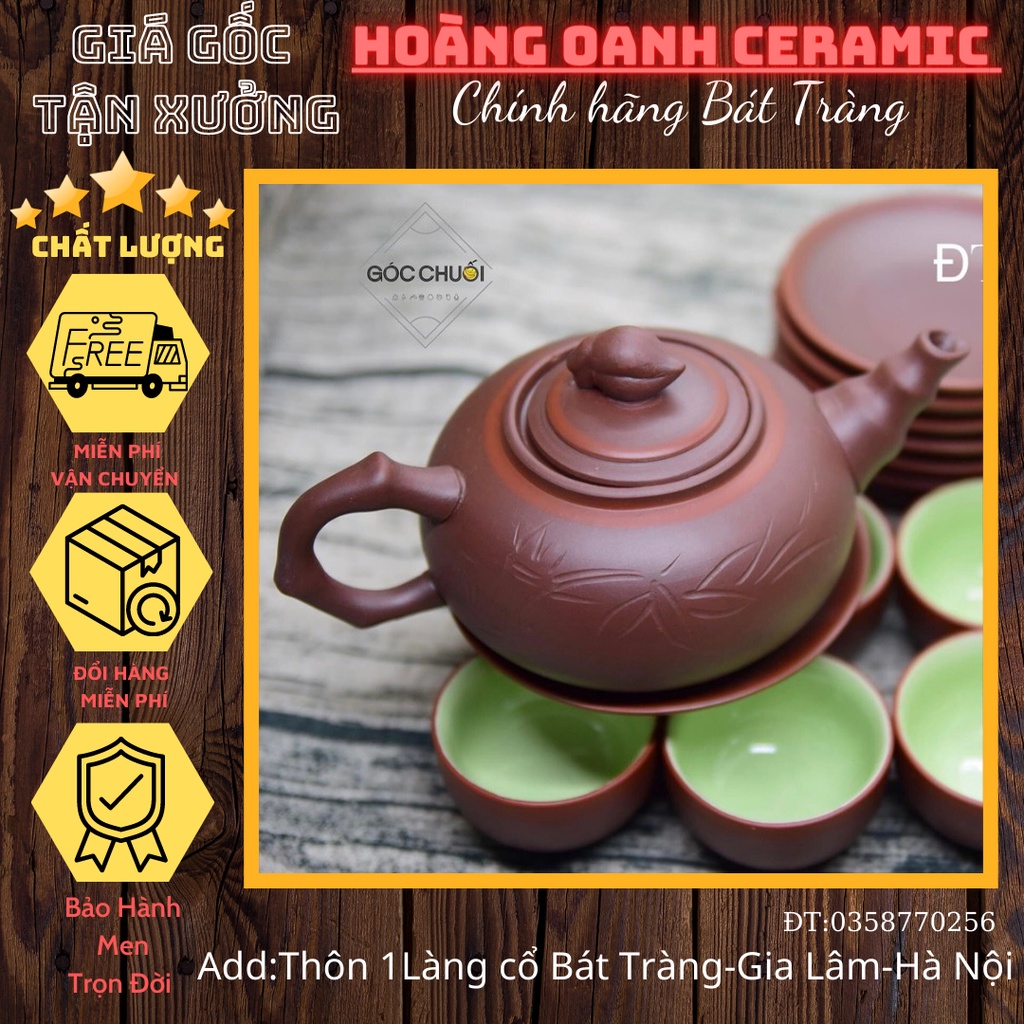 Gốm sứ Bát Tràng-Ấm chén Tử sa,đất nung đỏ-Bộ ấm Trúc Đào