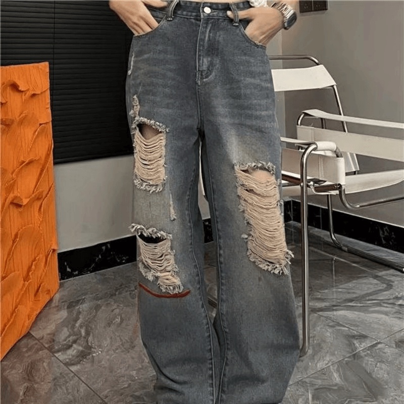 Quần jeans Dài Phối Vết Rách Phong Cách Hip Hop Đường Phố Hàn Quốc Cho Nam Giới Size S-3XL