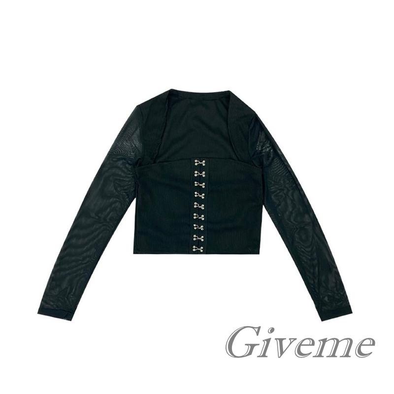 Áo Thun Lửng Tay Dài Cổ Vuông Phối Lưới Xuyên Thấu Phong Cách Retro Dành Cho Nữ