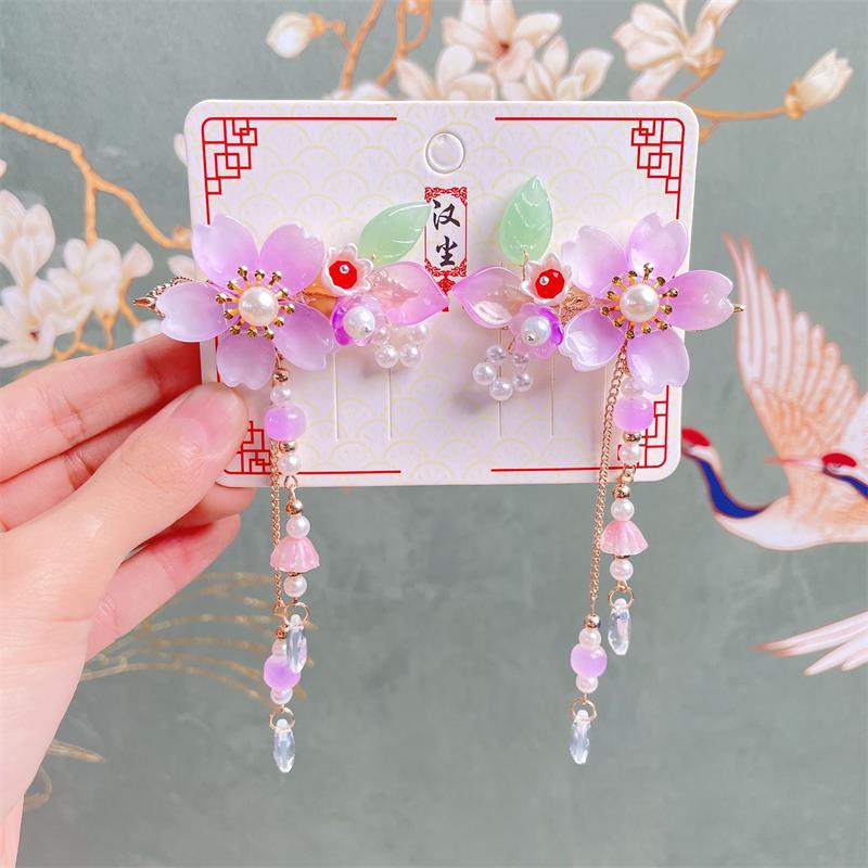 1 Cặp Kẹp Tóc Hình Nơ Tai Mèo Màu Đỏ / Hồng / Xanh Dương Kiểu Hán Phục Trung Hoa Dễ Thương Cho Bé Gái