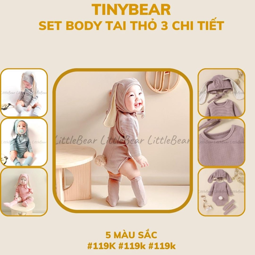 Set bodysuit, body tai thỏ 3 chi tiết cho bé trai và bé gái chất liệu len tăm có 5 màu siêu xinh size 0-12kg