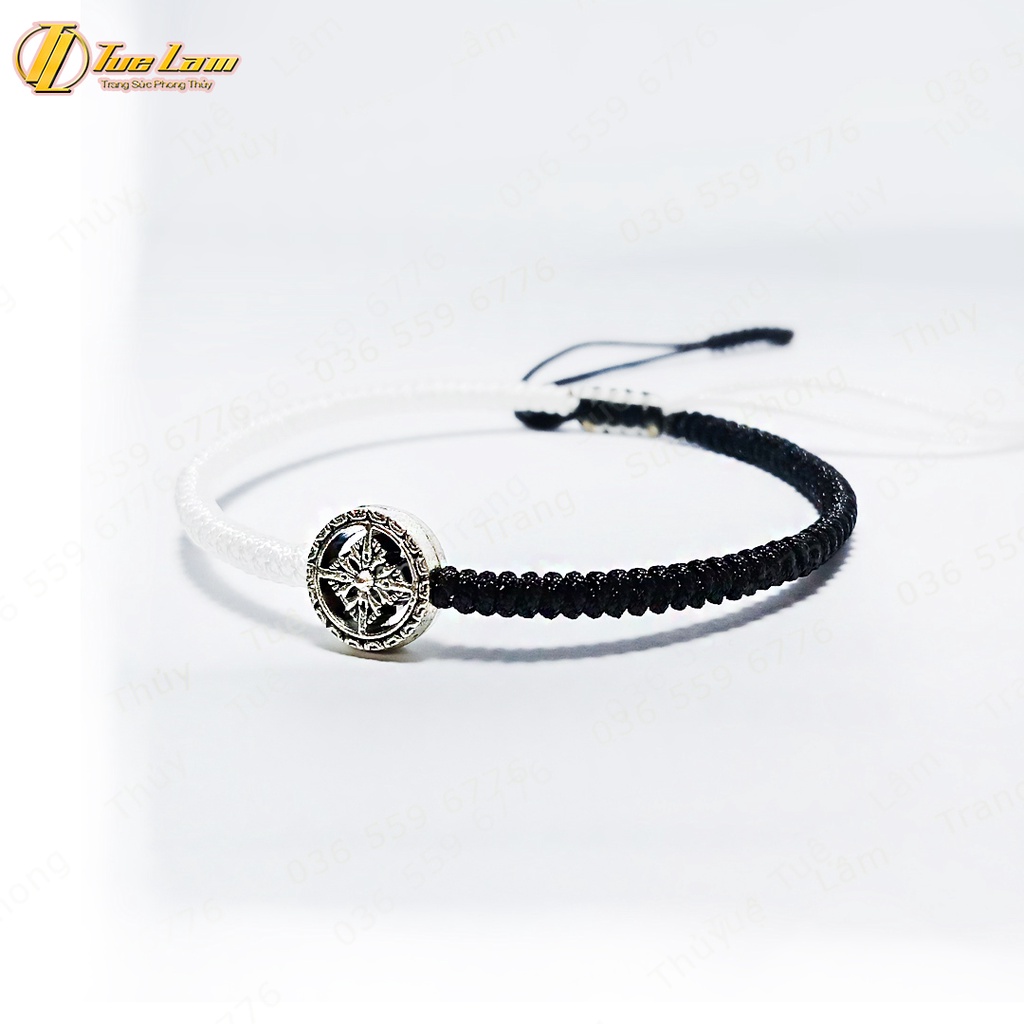 Vòng tay may mắn bánh xe pháp luân bện dây chỉ đen và trắng kiểu Tibets đối xứng - Tuệ Lâm