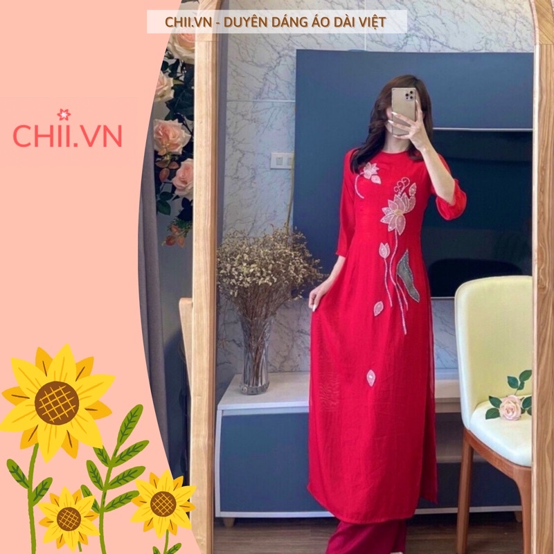 Áo Dài Hoạ Tiết Hoa Sen Đính Hạt Thủ Công Cao Cấp, Áo Dài Truyền Thống Đi Cưới Hỏi, Sự Kiện, Chụp Ảnh