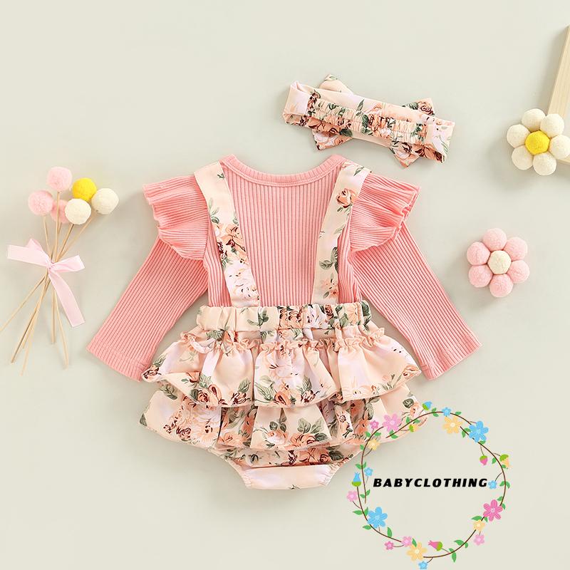 Set 2 Món Áo Thun Tay Dài & Váy Yếm In Hoa & Băng Đô Quấn Đầu Cho Bé Gái