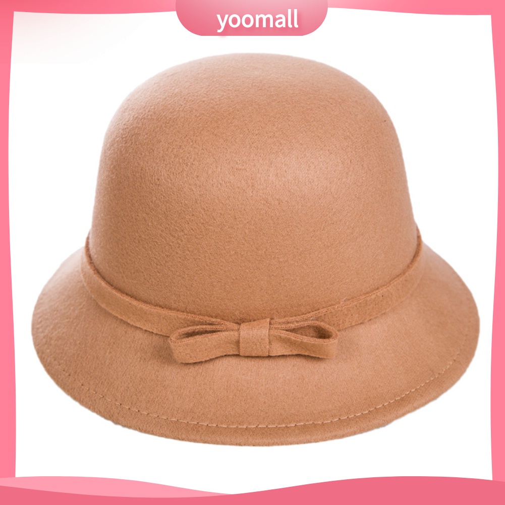 Yomall♡ Mũ Bowler Len Lông Cừu Màu Trơn Đính Nơ Thời Trang Thu Đông Cho Phái Nữ