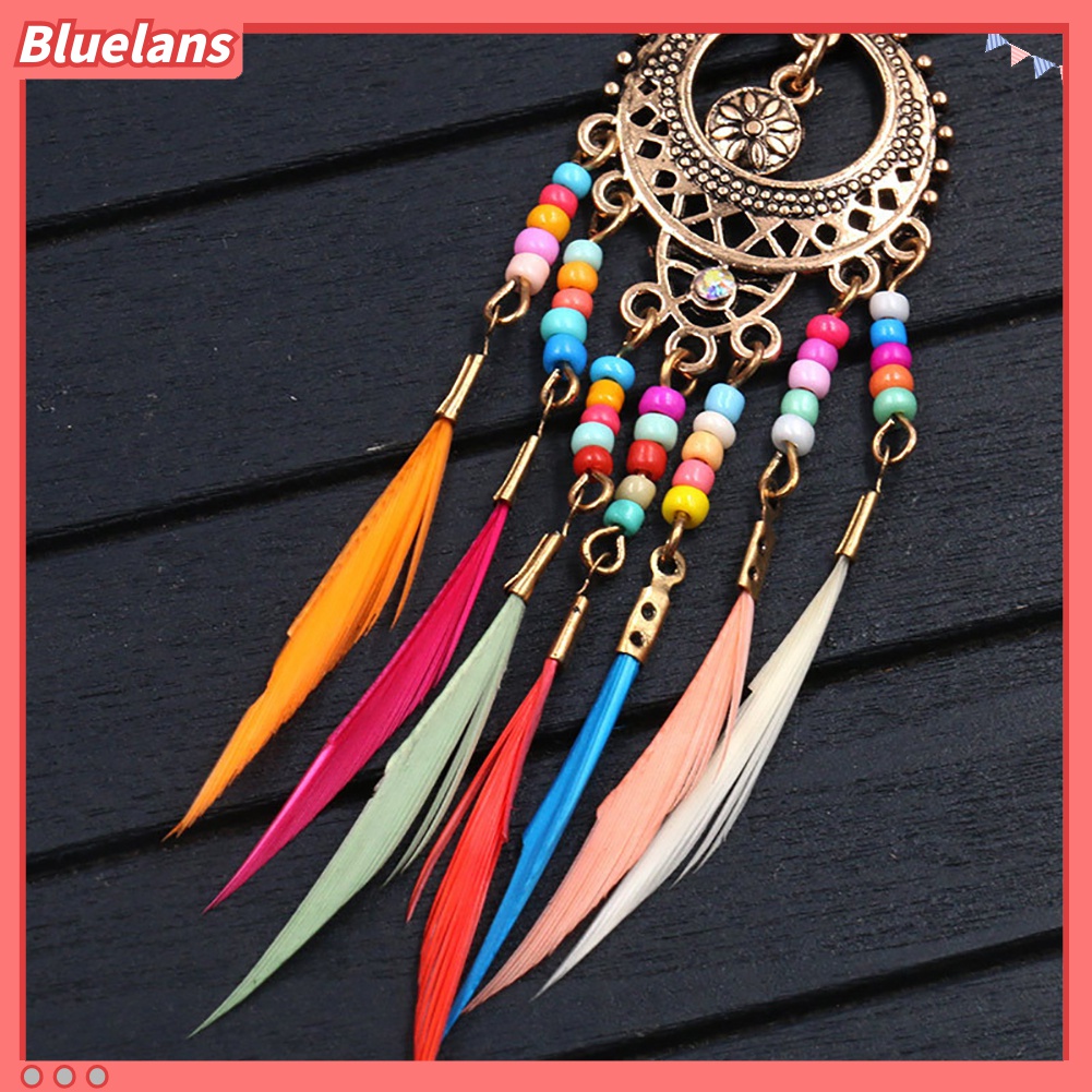 Bông Tai Dạng Móc Hình Tròn Khắc Họa Tiết Lông Vũ Tua Rua Phong Cách Boho Cho Nữ 48h