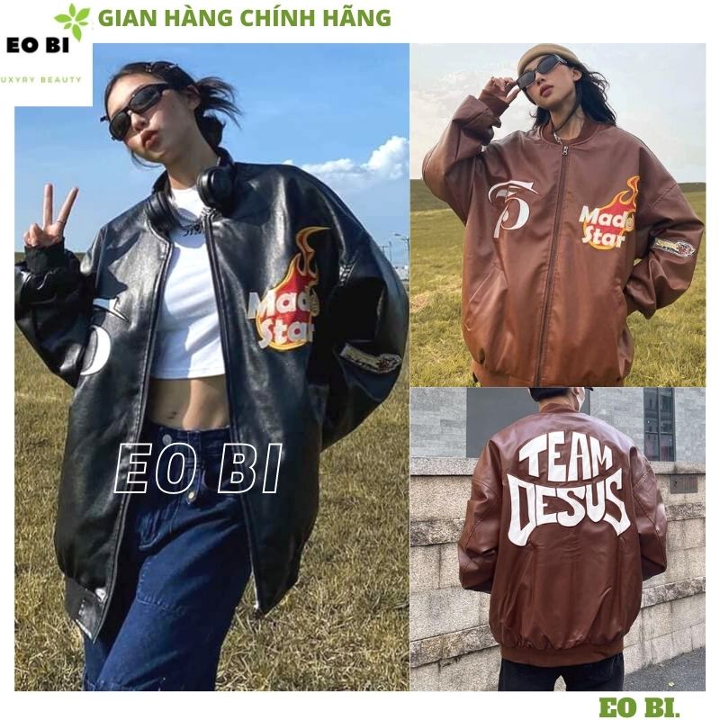 Áo khoác bomber da 2 màu đen nâu - áo bóng chày thể thao nam nữ UNISEX from rộng jackit ulzzang hàn quốc - EOBI