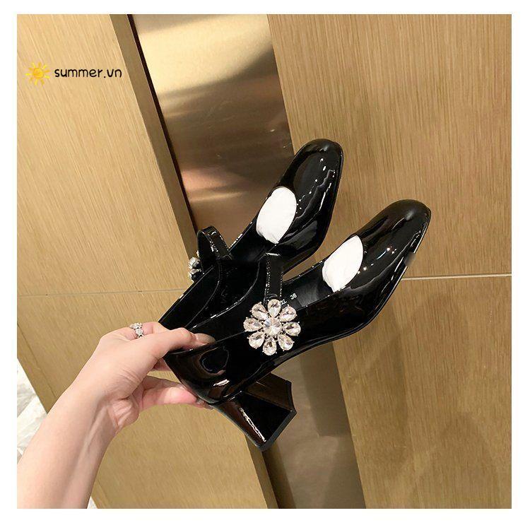 Giày Cao Gót Mary Jane Mũi Vuông Đính Đá Phong Cách Thời Trang Retro Mới 2022