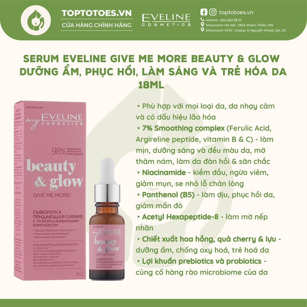 Serum Eveline Give Me More Beauty &amp; Glow dưỡng ẩm, phục hồi, làm sáng và trẻ hóa da 18ml