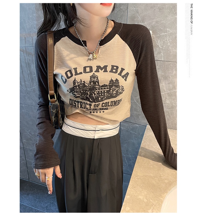 Áo Thun Tay Dài Dáng Ngắn Màu Sắc Tương Phản Phong Cách Retro Dành Cho Nữ