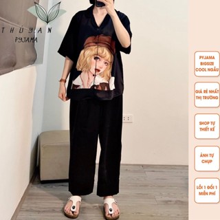 Bộ Pyjama bigsize cô gái mũ nâu cộc dài mặc nhà chất lụa Mango giá rẻ dành cho nữ, mẹ bầu 60 - 90kg