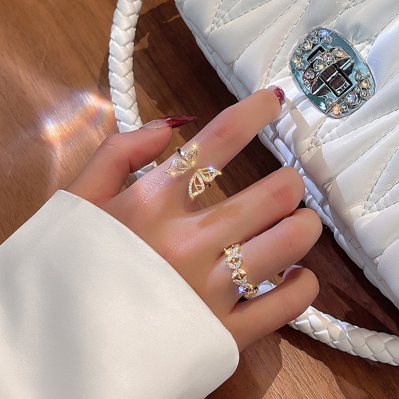 Luxury Korean INS Style Opening Finger Ring Full Rhinestone Butterfly Rings Women Fashion Party Jewelry Elegant Exquisite Butterfly Rhinestone