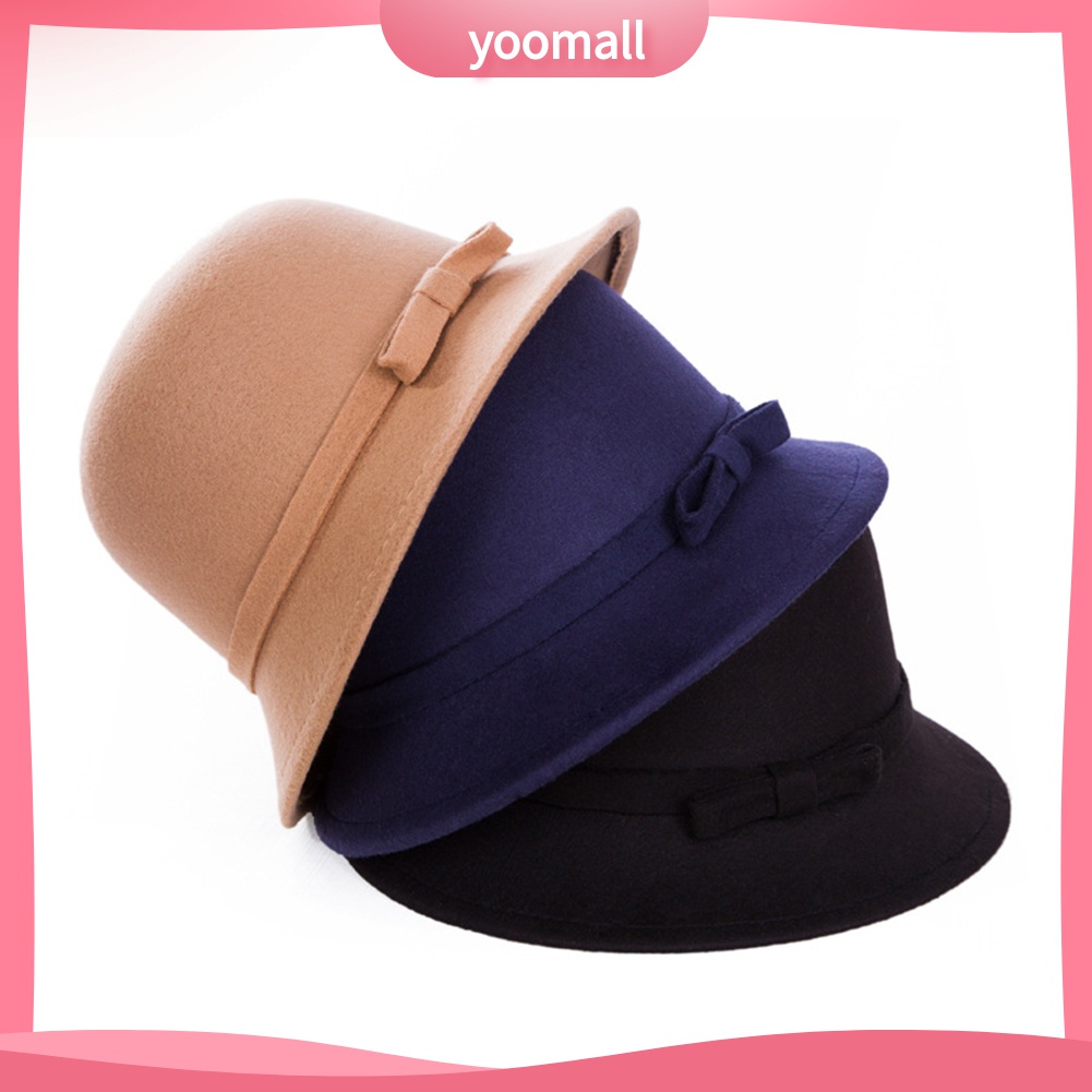 Yomall♡ Mũ Bowler Len Lông Cừu Màu Trơn Đính Nơ Thời Trang Thu Đông Cho Phái Nữ