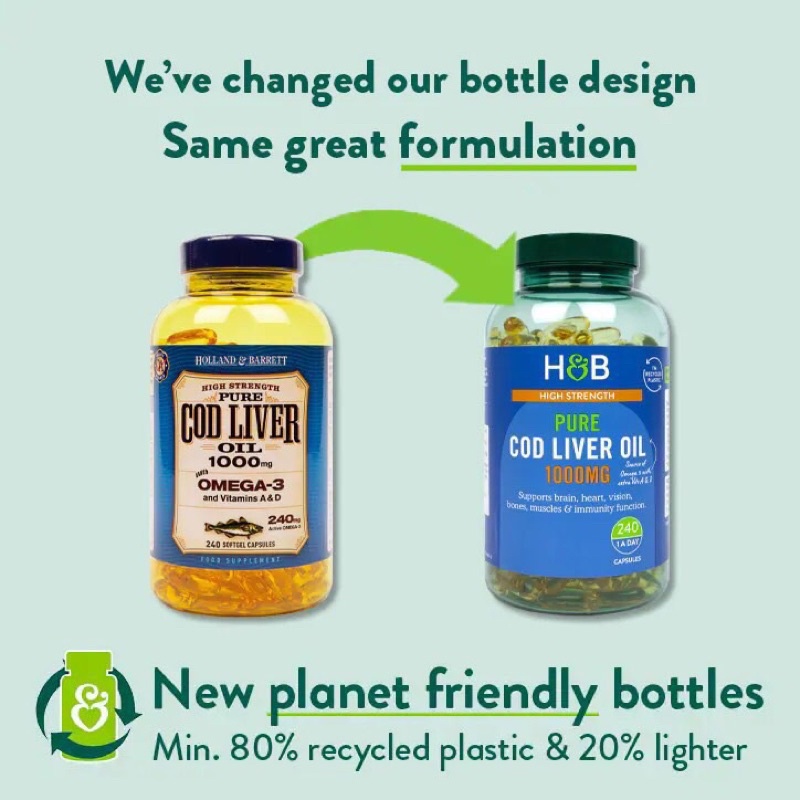 Dầu gan cá tuyết Pure Cod Liver Holland & Barret UK hàm lượng 1000mg