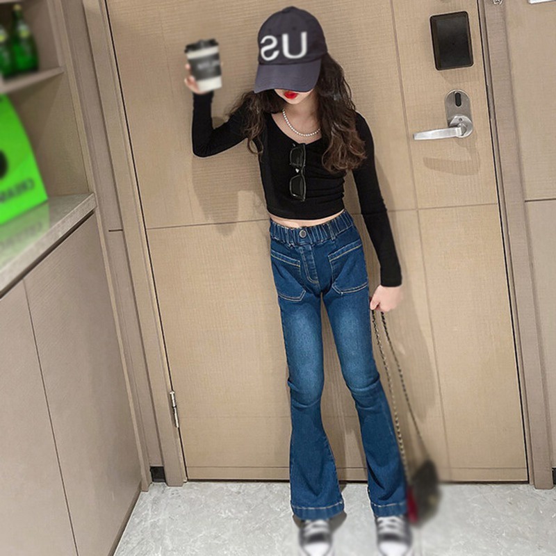 Quần Jeans Dài Ống Loe Có Túi Trước Và Sau Lưng Phong Cách Hàn Quốc Cho Nữ