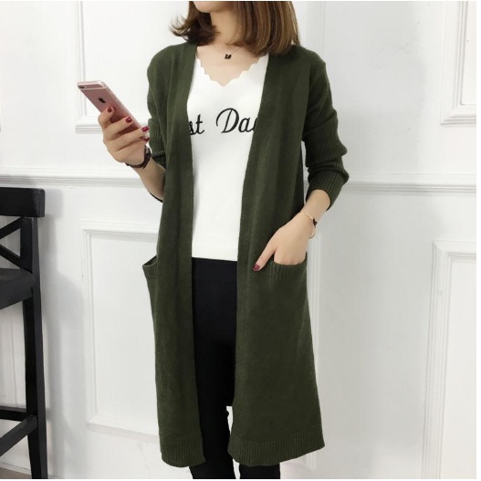Áo len nữ Hàn Quốc -  Áo khoác len dáng dài có túi ống tay bo cao hàng Quảng Châu - Danangsale