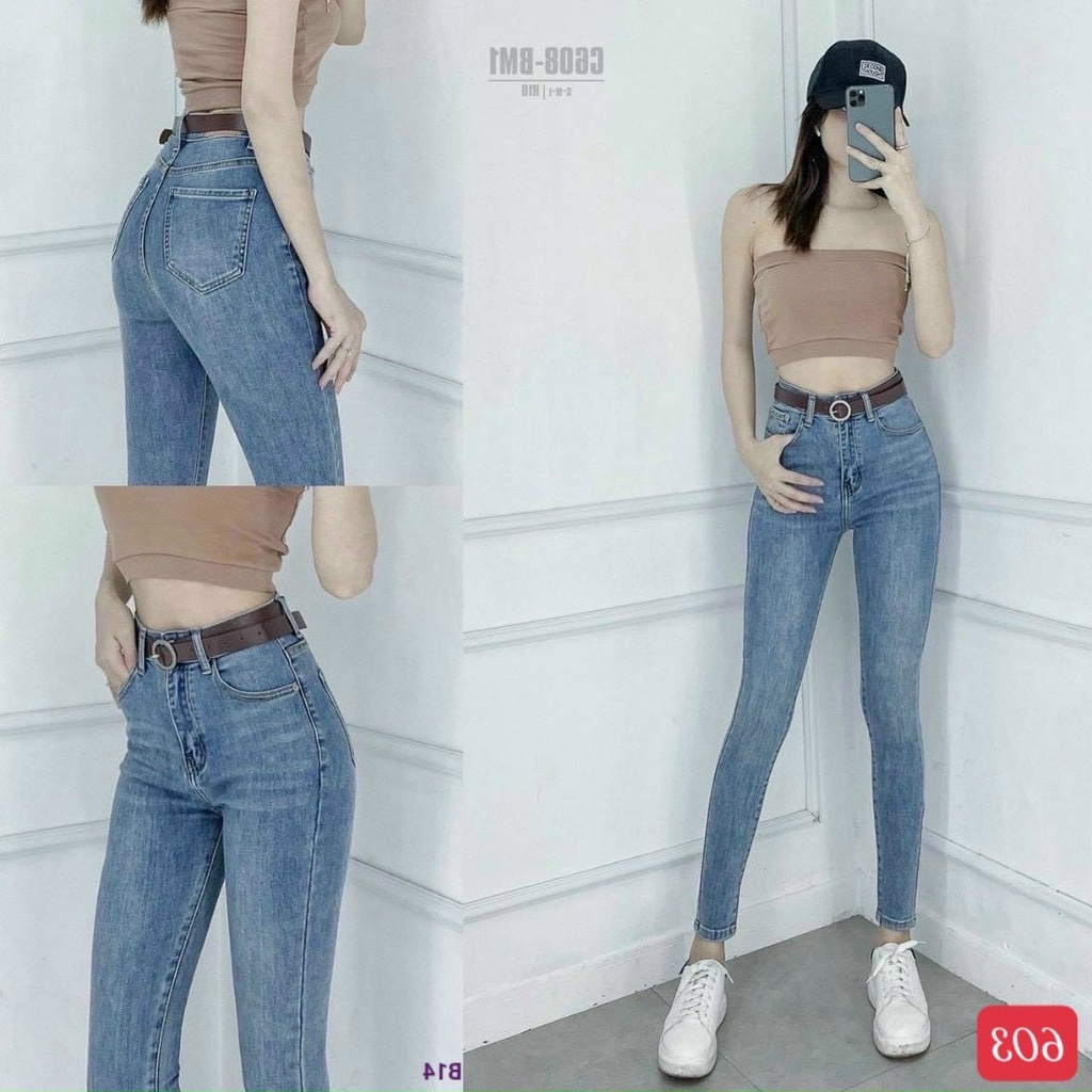 Quần jean nữ lưng cao màu xanh trơn chất bò co giãn skinny ôm dáng siêu xinh mịn sịn A-T Fashion - MQ603