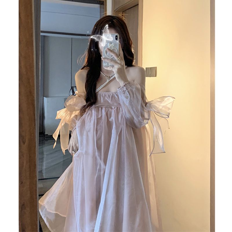 Váy babydoll Đầm Công Chúa Dáng Dài Phối Lưới Màu Hồng Thời Trang Mùa Hè 2022 Mới Phong Cách Pháp Cho Nữ