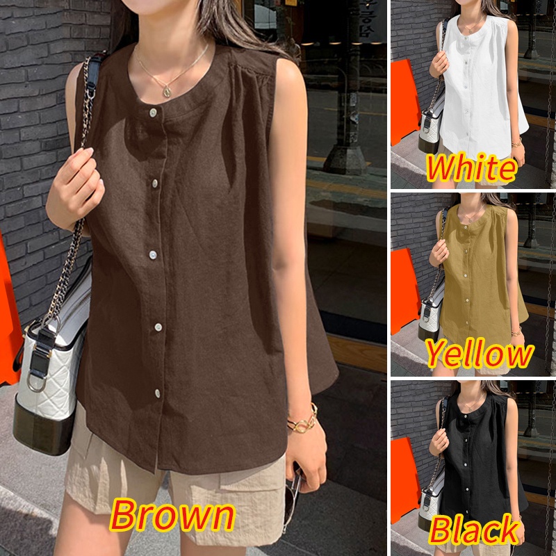 Áo kiểu ZANZEA cộc tay cổ tròn dáng suông cài nút phía trước cho nữ