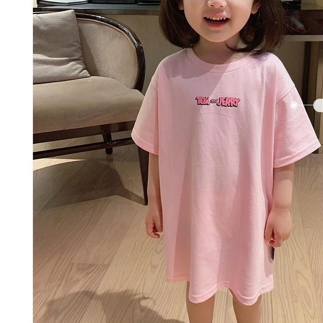 Đầm thun tay ngắn dáng rộng in họa tiết mèo và chuột dạ quang thời trang mùa hè dành cho bé gái
