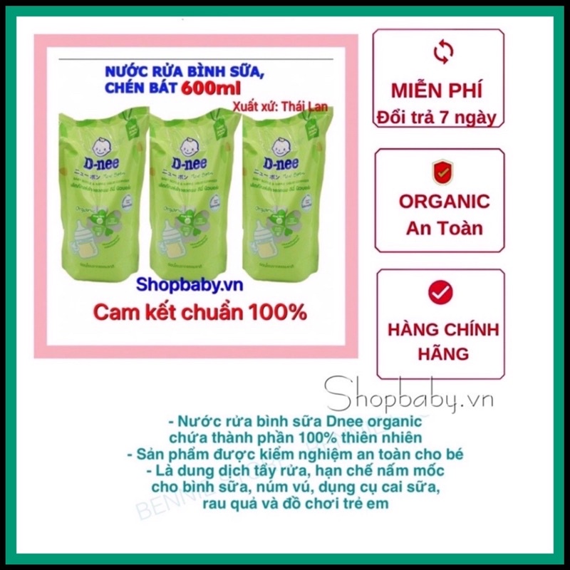 Combo 3 túi nước rửa bình sữa và rau củ Dnee 600ml date mới