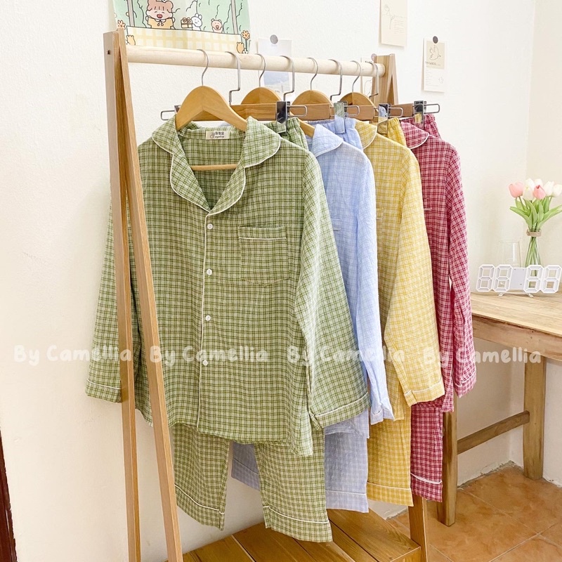 Bộ ngủ Pijama thô mềm dài tay- Bộ ngủ thô kẻ dễ thương By Camellia QA10