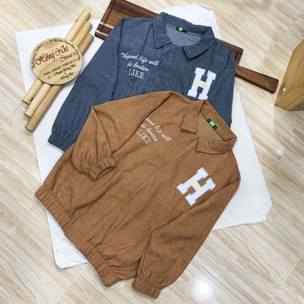 Áo Khoác Bomber Nhung Tăm Thêu Chữ H Dây Kéo Dáng Rộng Nam Nữ Ulzzang Unisex - MM