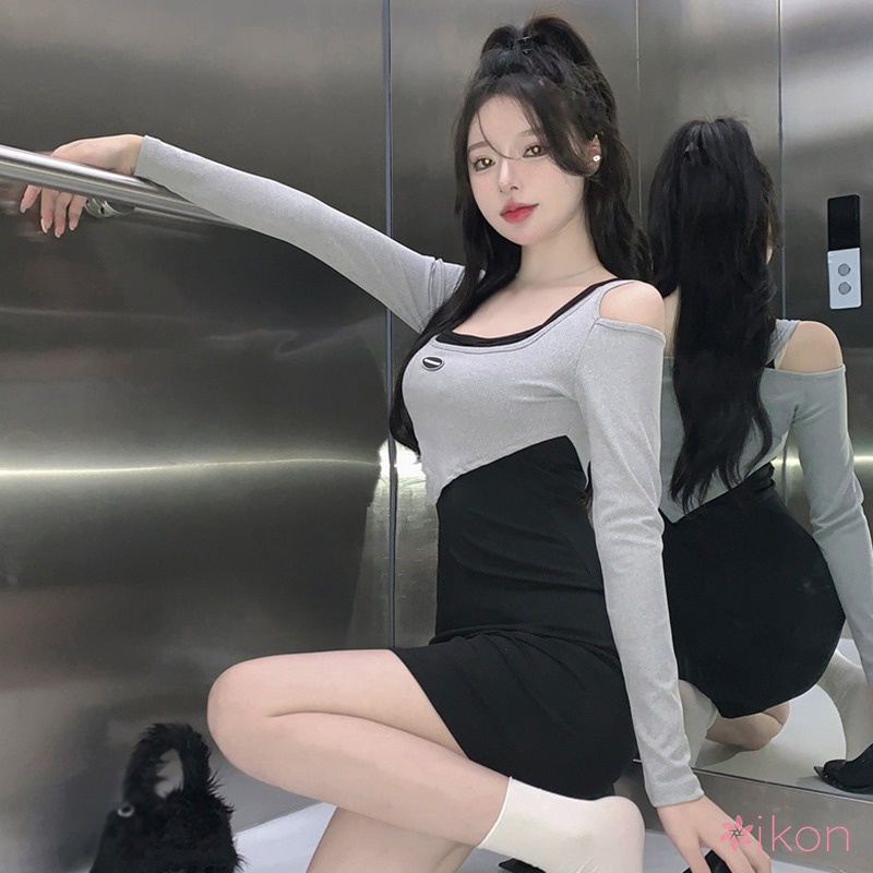 Đầm Tay Dài Màu Sắc Tương Phản Phong Cách Quyến Rũ Cho Nữ