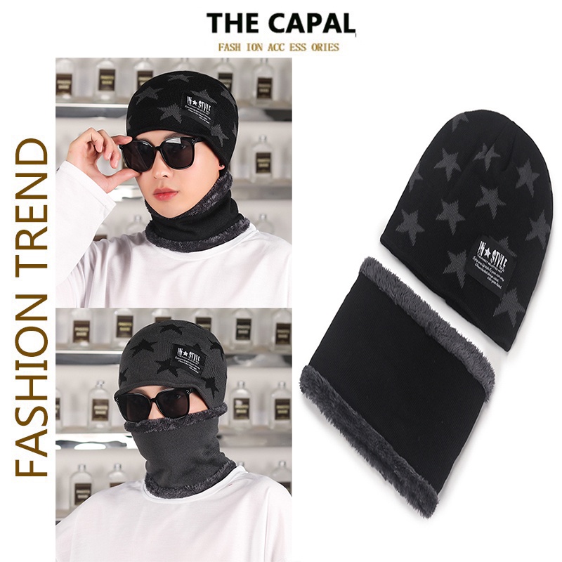 Set mũ len và khăn quàng THE CAPAL chất liệu dày giữ ấm 6 màu tùy chọn thích hợp chạy xe ngoài trời