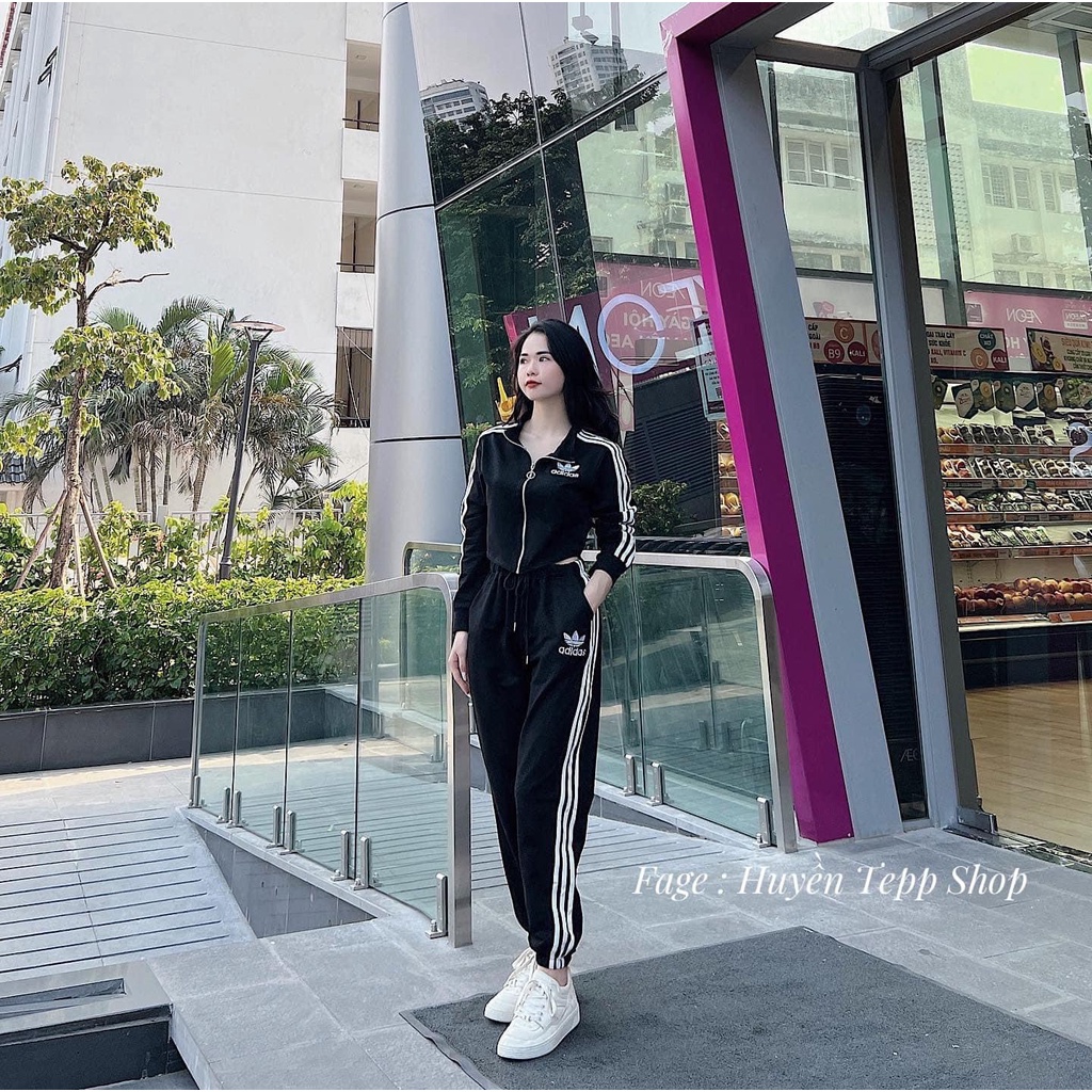 BỘ thể thao adidas nữ thu đông 3 sọc logo in, quần áo thể thao nam nữ co giãn, đồ cao cấp  màu cơ bản