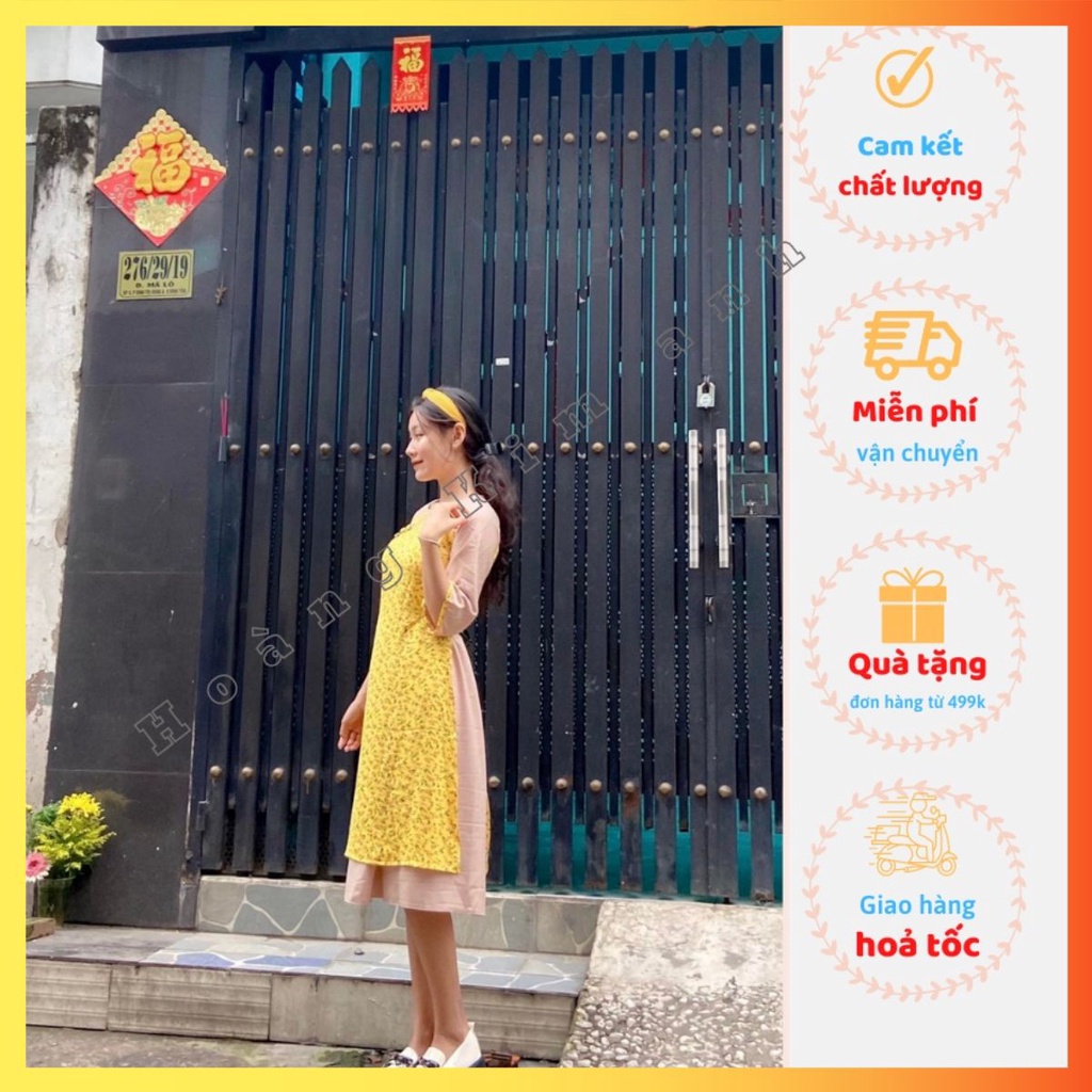 ÁO DÀI DÁNG XUÔNG CÁCH TÂN NỮ KÈM CHÂN VÁY KIỂU ĐẦM MAY SẴN IN HOA NHÍ MÀU VÀNG CÓ ÁO DÀI BIGSIZE ADCT2TDX-VÀNG