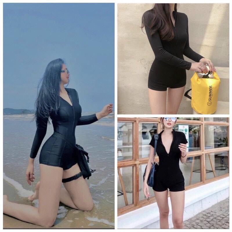 Bikini liền mảnh có tay form short màu đen kín đáo