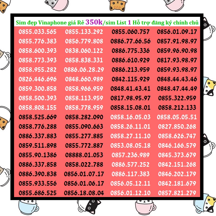 Số đẹp VINA Giá Rẻ 350k List 1 Miễn Phí Đăng ký Chính Chủ Được Hưởng Nhiều Gói Khuyến Mãi Của Vinaphone