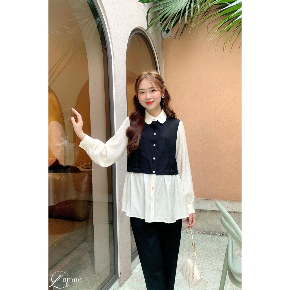 Áo bầu MARA SHIRT tay đũi phối vải bố xước, kiểu dáng lịch sự, phù hợp môi trường công sở thiết kế bởi LAMME