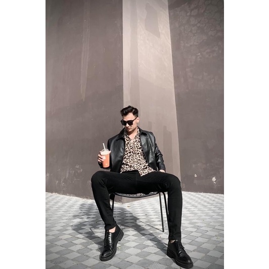 Áo sơ mi FLO MENSWEAR tay ngắn họa tiết da beo chất lụa mango không nhăn