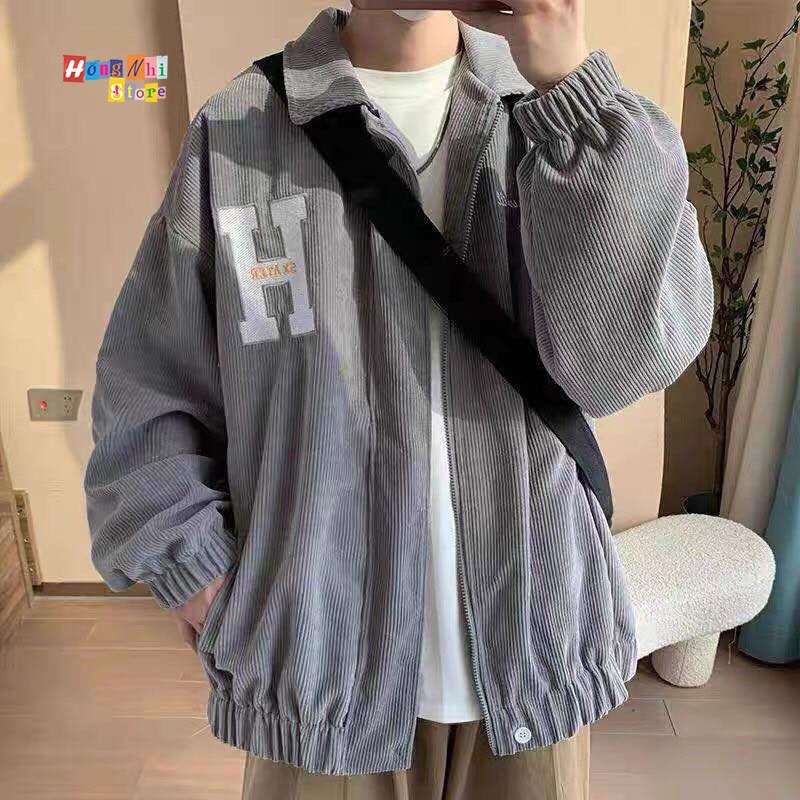 Áo Khoác Bomber Nhung Tăm Thêu Chữ H Dây Kéo Dáng Rộng Nam Nữ Ulzzang Unisex - MM