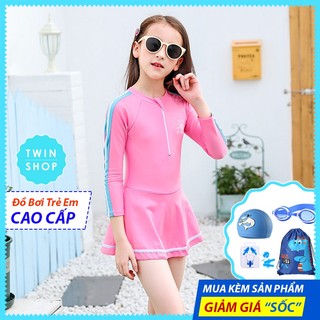Đồ bơi bé gái lớn tay dài, dạng váy liền xinh xắn, chất vải cao cấp co giãn cho bé từ 15-45kg