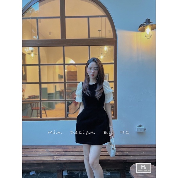Váy Nhung Đen Tay Bồng Đính Nơ Chuẩn From có lót quần