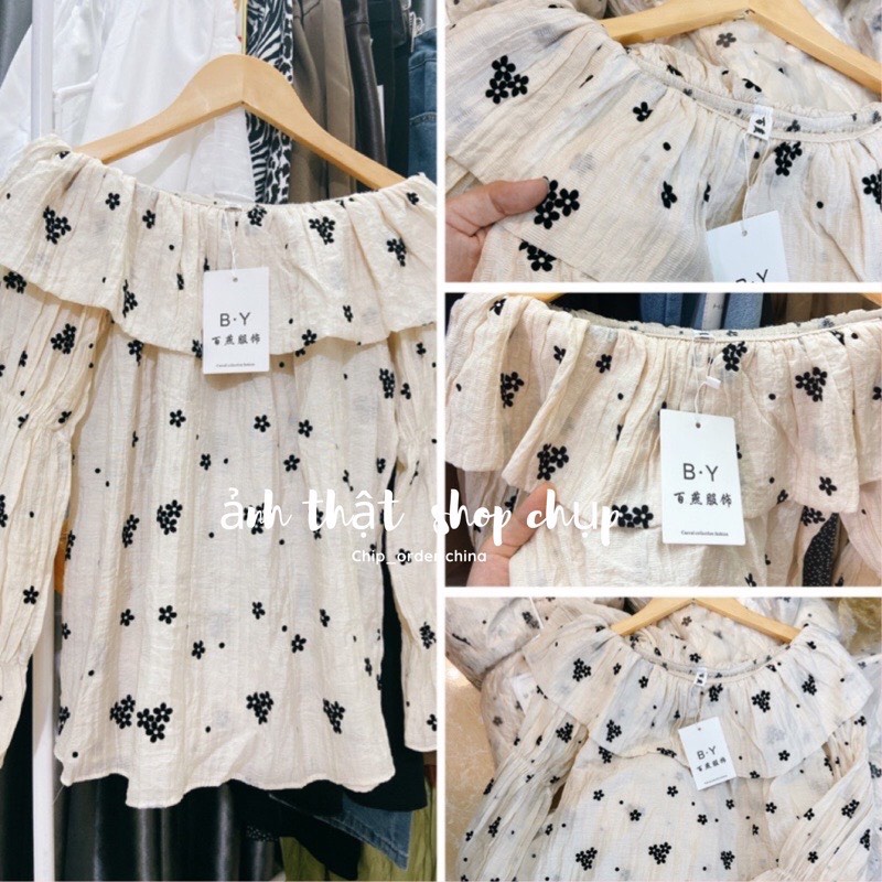 Áo trễ vai hoa nhí đũi nhăn dáng tay dài kèm ảnh thật
