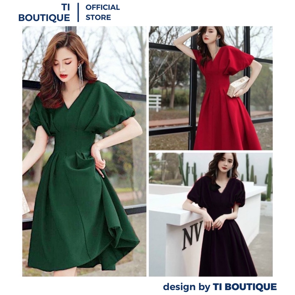 Đầm Váy Cổ V Tay Áo Cánh Dơi Thiết Kế Cá Tính, Đầm Đi Chơi Xếp Ly Eo Dáng Ngắn Xòe Tôn Dáng