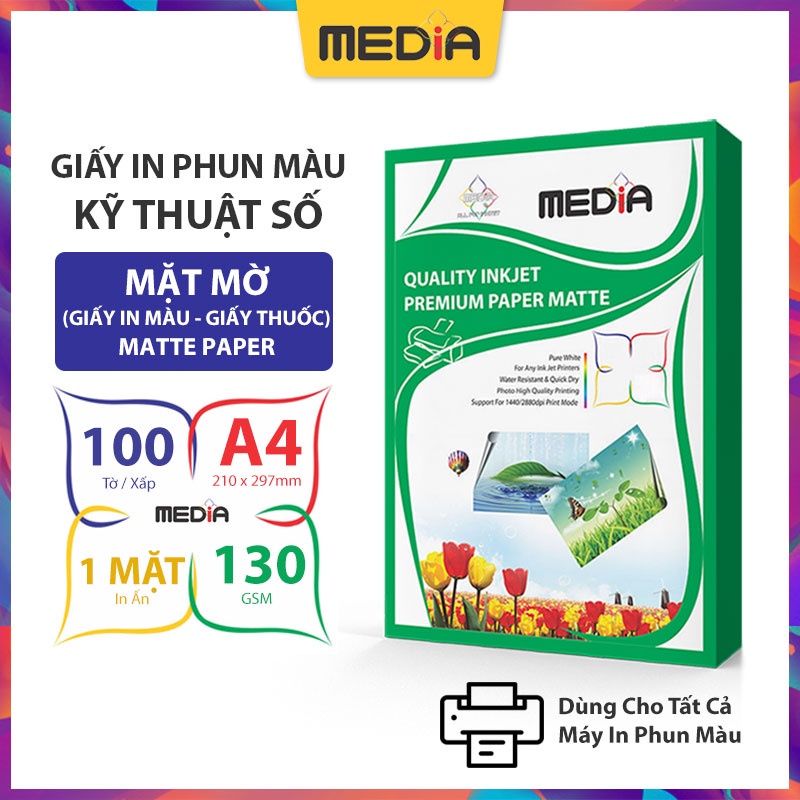 Giấy In Màu Media 1 Mặt Mờ A4 130gsm 100 Tờ